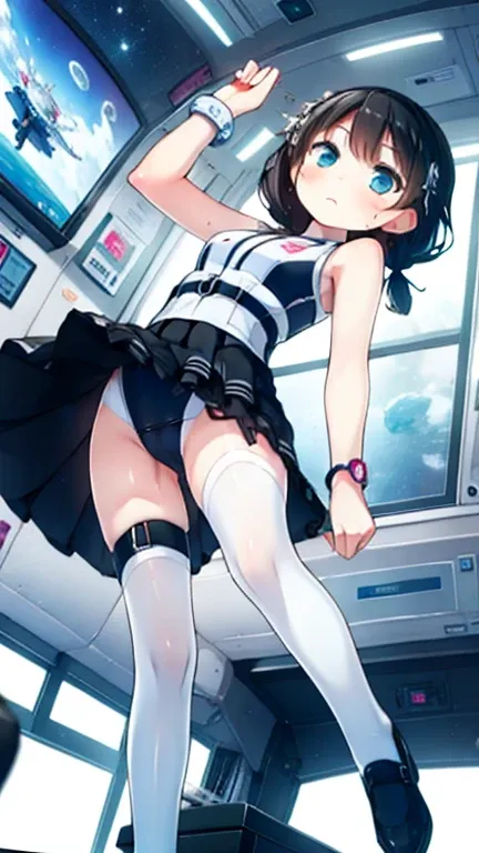 (Highest quality), (masterpiece), 1080P, High resolution, 4K, 8k, Inside the space station、Futuristic room、Thigh straps, Shooting from directly below, The woman on top of me, 白いSweat, Covered , Sweat, Woman looking down, Skirt swimsuit, Thigh-high socks, T...