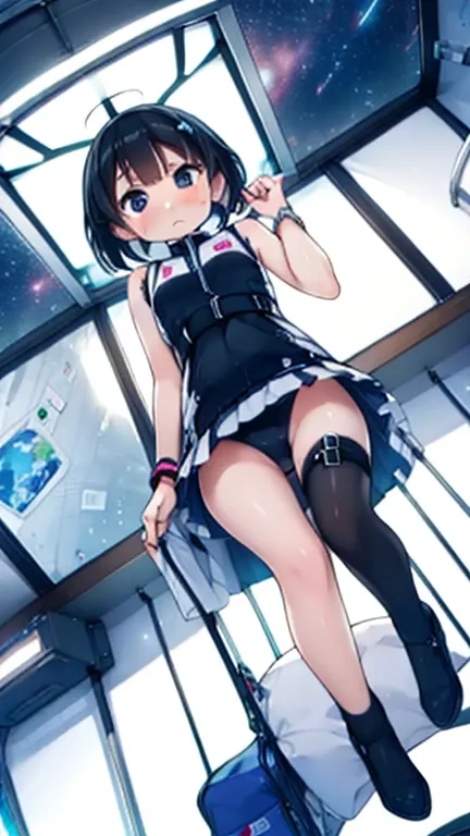 (Highest quality), (masterpiece), 1080P, High resolution, 4K, 8k, Inside the space station、Futuristic room、Thigh straps, Shooting from directly below, The woman on top of me, 白いSweat, Covered , Sweat, Woman looking down, Skirt swimsuit, Thigh-high socks, T...