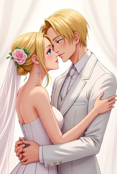 Create a One Piece character in Sanji fanart, a man with blue eyes, hair on one side and blonde, covering his right eye, with swirly eyebrows, Elegant white and blush wedding suit, looking at her boyfriend. 