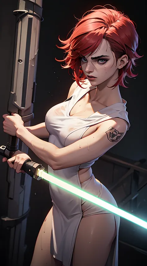 a redhead in a wet towel, in a completely dark environment. she is holding a lightsaber, and her body is faintly illuminated by ...