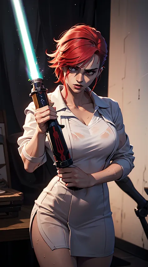 a redhead in a wet towel, in a completely dark environment. she is holding a lightsaber, and her body is faintly illuminated by ...