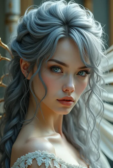 her hair is a fascinating mix of silver and black. her hair is long and wavy, a wild mane, tied in a simple braid.

her eyes are an intense blue, but with a silvery sheen.

her skin is pale, almost ivory, but she has warm, vibrant undertones, high cheekbon