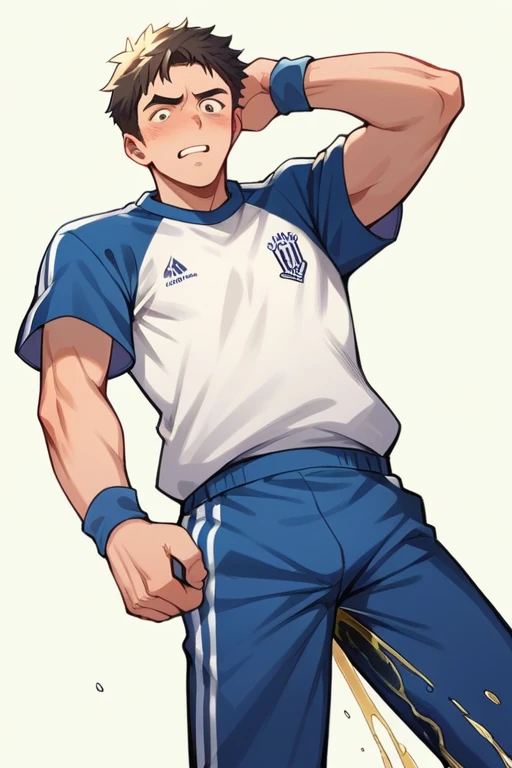 20 years old slender and mascular man in his soccer uniform is peeing himself when he is playing soccer. He couldnt hold his pee. Theres a large pee wet spot on his pants.  Pee stain on his crotch. He looks ashamed of peeing himself. Anime 