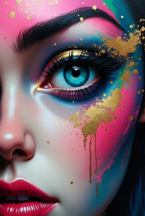 A striking and vibrant abstract portrait of a face, painted with a dazzling array of colors like pink, blue, green, and gold. The eye is the focal point, adorned with gold leaf detailing and a deep blue hue, exuding a mysterious and captivating aura. The b...