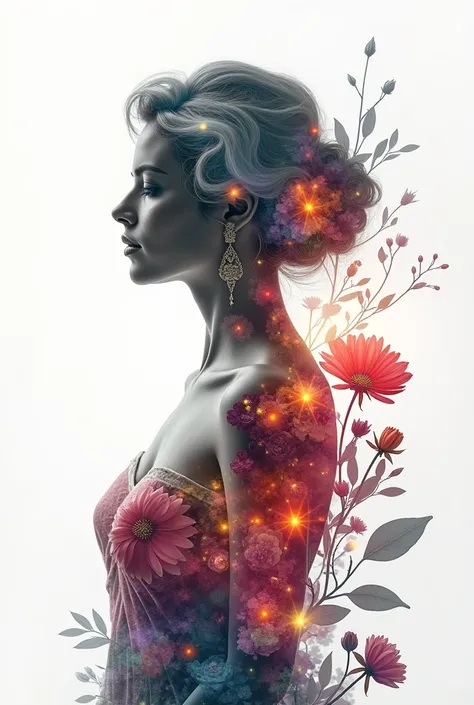 high quality, 8K Ultra HD, A beautiful double exposure that combines an goddess silhouette with multicolor flowers, multicolor flowers should serve as the underlying backdrop, with its details incorporated into the goddess , crisp lines, The background is ...