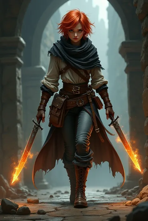 Personagem de d&d, half-elf rogue with short red hair and 1,51 tall, using two daggers, one of them flaming, in his hands