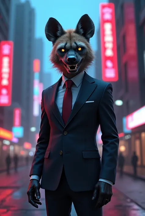 A hyena  standing opposite to pub wearing corporate costume in neon city in red and blue light 