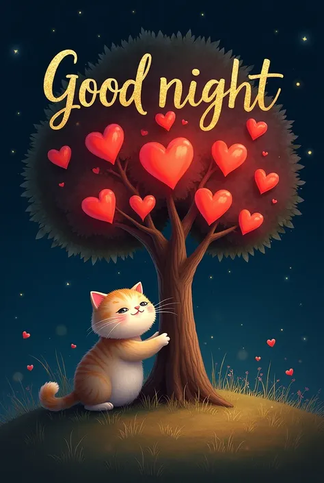 Natural dark environment at night. At the edge you can see a tree with many bright red hearts. A cute fat fluffy cat is leaning on the tree. Above it says in golden letters in capital letters Good night