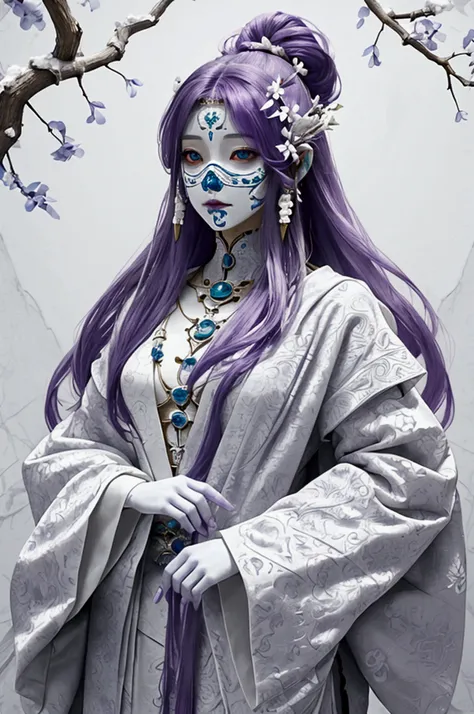 A humanoid creature with a white stone mask on its face. The rest of this creatures body is purple. Her entire body is made of branches, and she is female. The character is seen in full view, with patterns all over her body. DND style art, Full body