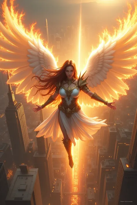 female angel warrior with flaming wings flying high in the sky above a city, wearing armor, long brown hair, white wings