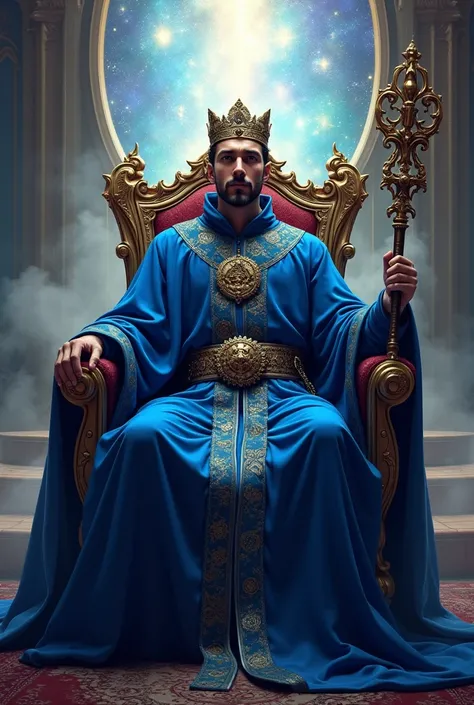 a man dressed as a sorcerer, with a long blue robe, no beard, short black hair, with a setro in his hand, with his crown on his head, perched on a beautiful throne, behind him he has an open portal to another dimension.
