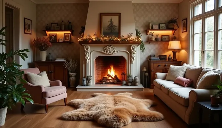 a bright living room with a fireplace and a sofa, Brown bear fur on the ground, cozy home background, detailed lighting and textures, cozy living room background, cozy place, Cozy wallpaper, cozy and quiet, Cozy surroundings, Cozy surroundings, detailed te...