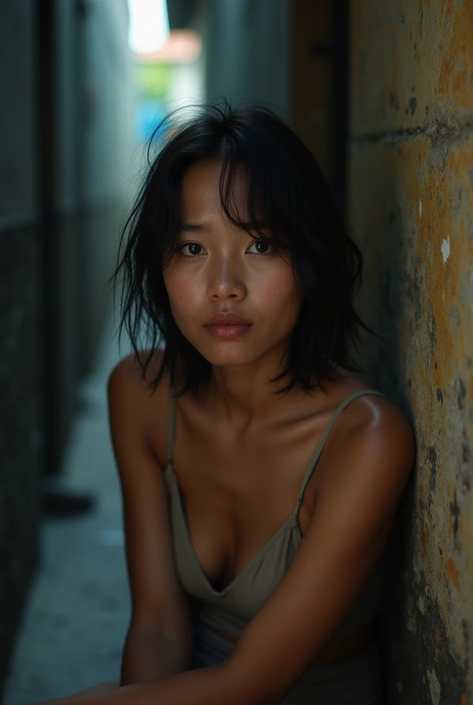 Original photo. An Indonesian young woman wearing a deep v one piece swimsuit with a crying expression sitting in the corner of a narrow alley. Ultra-realistic 8K photo, taken with Leica Q2, strong color contrast and sharp clarity --ar 9:16 --quality 2 --