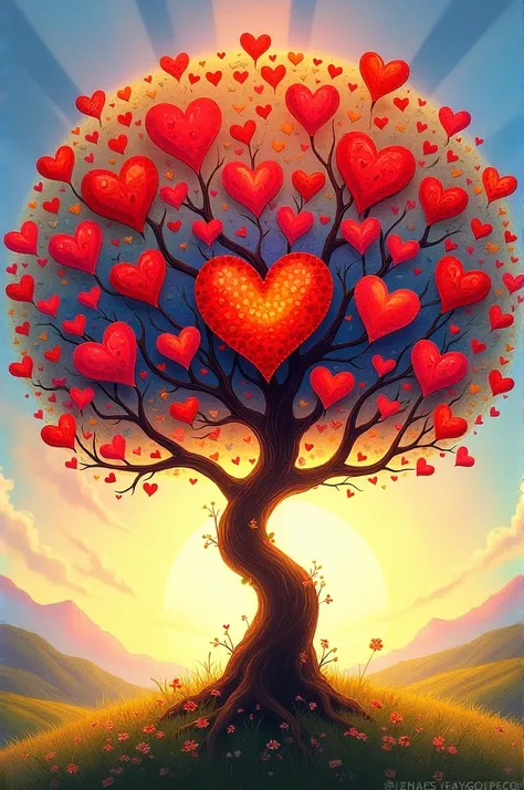 A colorful drawing for s, from a tree of hearts, where each heart hanging from the branches represents a beloved family member or friend. Let it be striking and colorful 