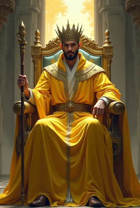 a man dressed as a sorcerer, with a long yellow robe, no beard, short black hair, with a setro in his hand, with his crown on his head, perched on a beautiful throne, behind him he has an open portal to another dimension.
