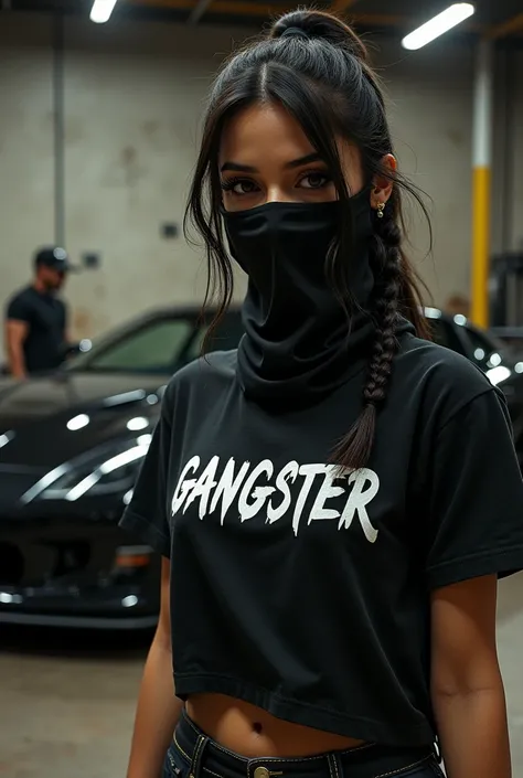 Gangsta girl with black bandana,angarage text on shirt,gangster boy in background with black tuning car