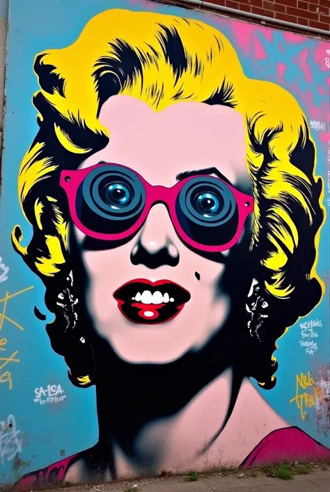  "Create a vibrant, street art-style mural featuring a stylized, colorful Marilyn Monroe with her iconic smile, but her eyes are replaced by security cameras. The background is a chaotic blend of graffiti tags, spray paint, and urban decay, contrasting sha...