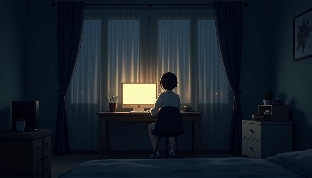 アニメ, quarto アニメ, cozy room, Curtains covering the windows so that light doesnt get in, Its night outside, The small light in the room is the one coming from the computer