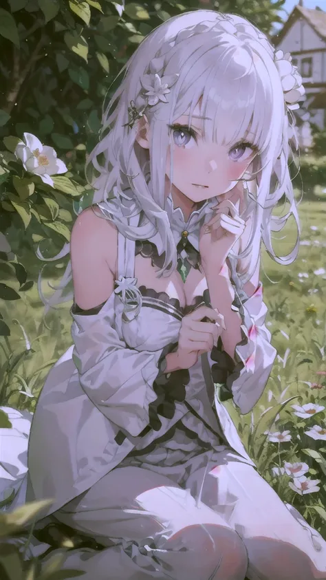 1girl with long white hair sitting in a field of green plants and flowers, her hand under her chin, warm lighting, white dress, blurry foreground