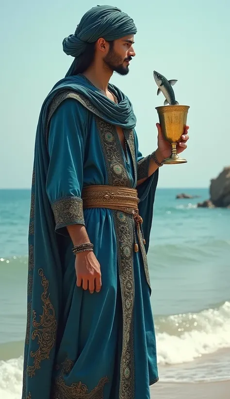 In the context of a barbaric Sumeria, land of sorcery and formidable warriors, it shows a young man standing, holding a golden copper cup in his right hand. Surprisingly, a small fish jumps out of the cup, looking at the young man. Clothing: The young man ...