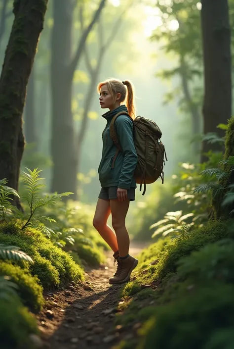 Realistic young white blonde woman, 24yo, while hiking in the forest with a backpack