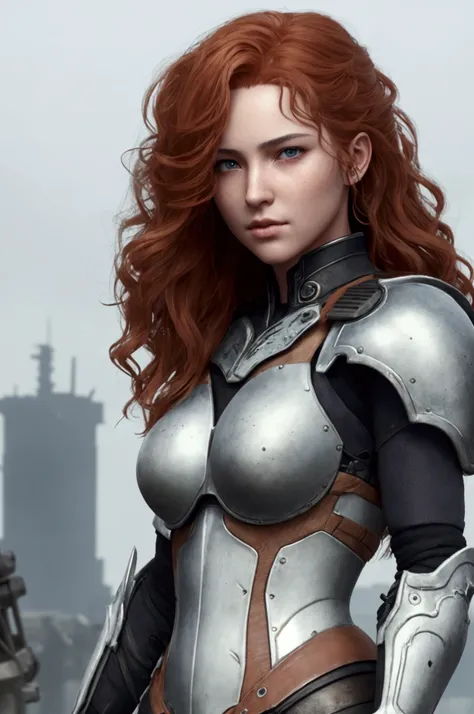 a beautiful woman, orange eyes, (blush nose), detailed eyes, cinematic, drawn by Greg Rutkowski, Yoji Shinkawa: 0.6long curly orange hair, defined body, wearing detailed Victorian-era armor (((super strong)), masterpiece, best quality, ultra-detailed, grou...