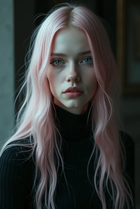 Beautiful young Finnish woman, 2, light skin, light pink hair, long and straight, beautiful silver-gray eyes, thin lips, beautiful face, gothic and dark look, hyperrealistic, cinematic, ultra-realistic, realistic, 4k, 8k, high quality