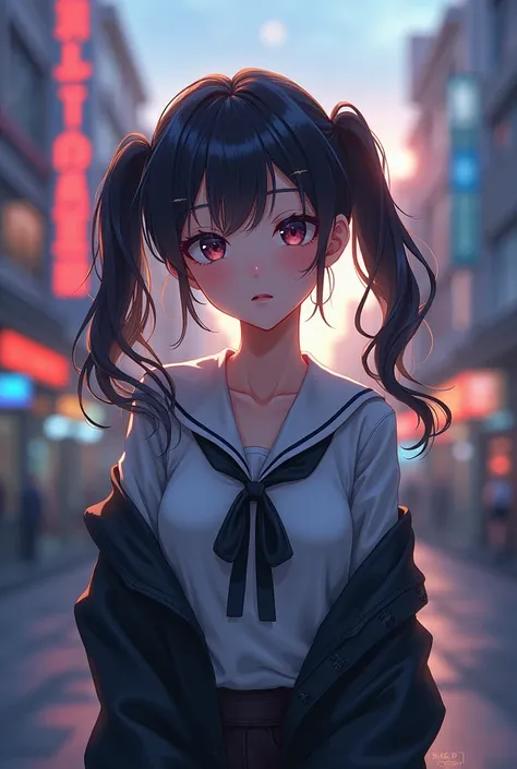 work of art, best qualityer, HuTaoV4, 1 girl, standing alone, blush, twintails, long hair, hair between the eyes, ((street clothes)), citys, plein-air, natta, movie poster, 8k extremamente detalhado, Soft, high resolution, ultra quality, cinematic lighting...