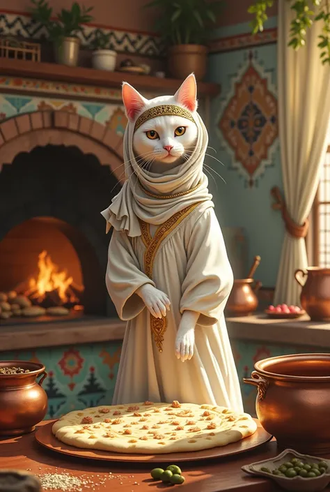 A white cat standing on two legs, dressed in a Middle Eastern thobe and headscarf, working in a traditional kitchen with colorful tiles and copperware. The cat is preparing flatbread on a large stone oven, with fresh ingredients like herbs, spices, and oli...