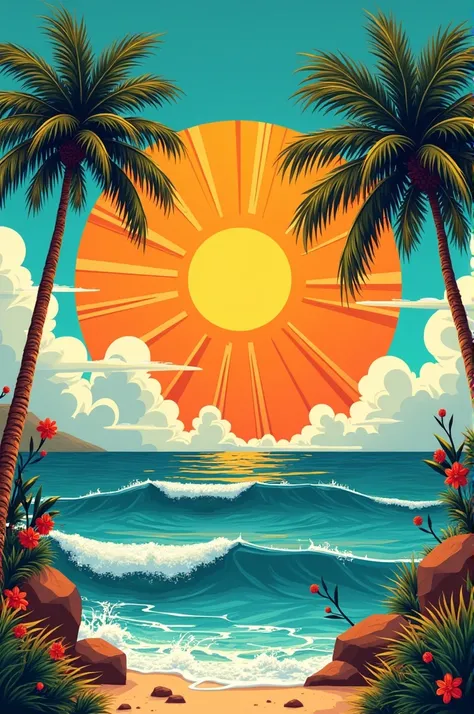 "Vintage-inspired design with a retro sun, palm trees, and waves, featuring bright, summery colors and patterns."