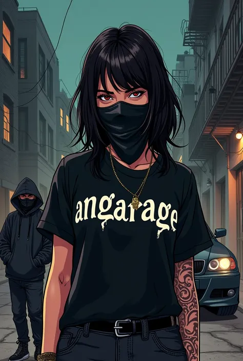 Gangsta girl with black bandana,angarage text on shirt,angarage text on shirt,gangster boy in background with hoodie and bandana with black bmw,night street,ghetto,manga