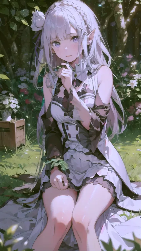 1girl Emilia, elf ears,with long white hair sitting in a field of green plants and flowers, her hand under her chin, warm lighting, white dress, blurry foreground