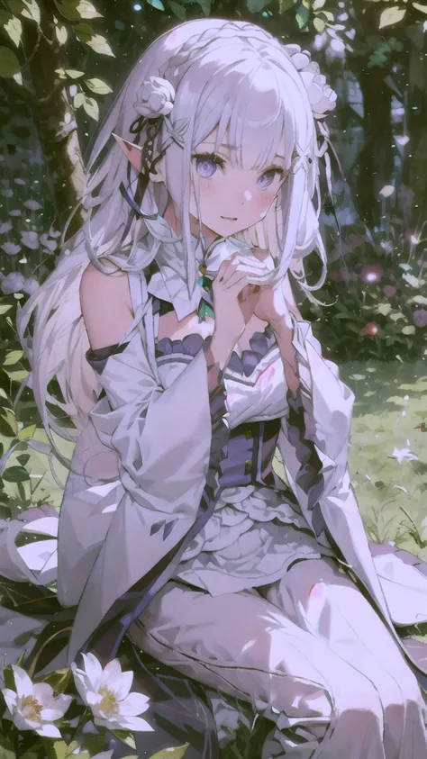 1girl Emilia, elf ears,with long white hair sitting in a field of green plants and flowers, her hand under her chin, warm lighting, white dress, blurry foreground