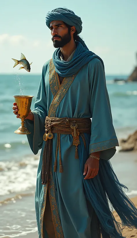 In the context of a barbaric Sumeria, land of sorcery and formidable warriors, it shows a young man standing, holding a golden copper cup in his right hand. Surprisingly, a small fish jumps out of the cup, looking at the young man. Clothing: The young man ...