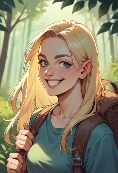 Realistic photo of a smiling, 2 blonde woman with long hair hiking in the forest with backpack