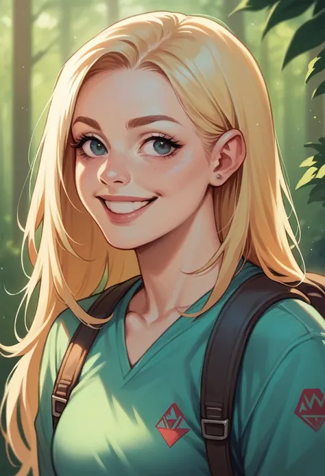 Realistic photo of a smiling, 2 blonde woman with long hair hiking in the forest with backpack