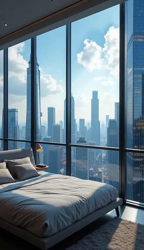 A sleek, contemporary bedroom on a high floor, offering a panoramic view of a bustling city skyline. Skyscrapers with shimmering glass facades reflect the morning sun, and a few fluffy clouds dot the blue sky. The room features minimalist decor with a comf...