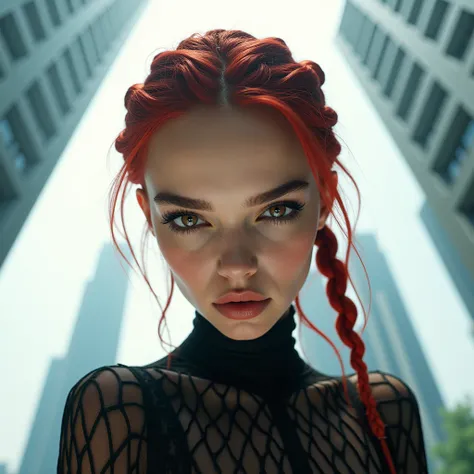 Viewed from
Below fisheye effect,Hailee steinfeld,Extreme Closeup,young woman,white invisible background,young Caucasian woman standing on rooftop below towering futuristic lattice buildings,Smokey eyes ,black lattice webbed bodysuit,thigh leaning forwards...