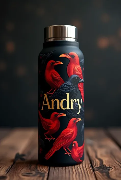 Create a personalized thermos with a black design and that has the name Andryezequiel and drawings of red and black crows. And the name that looks classic, that the name Andry can be seen among the crows, that the letters of the name Andryezequiel are gold...