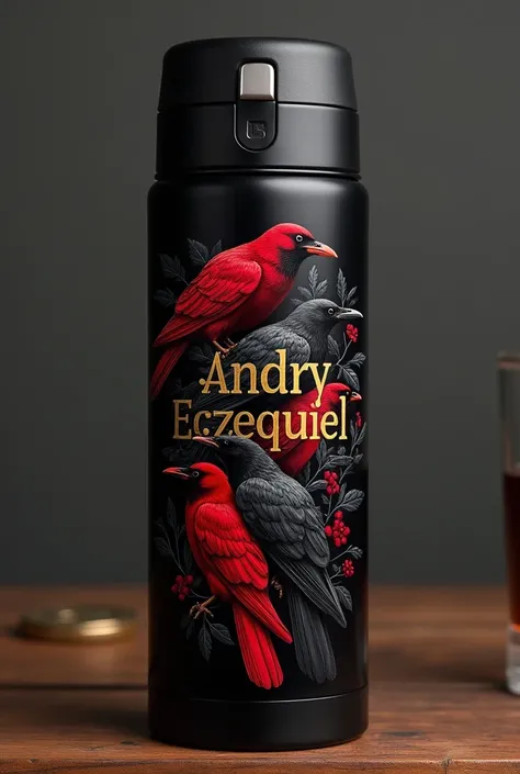 Create a personalized thermos with a black design and that has the name Andryezequiel and drawings of red and black crows. And the name that looks classic, that the name Andry can be seen among the crows, that the letters of the name Andryezequiel are gold...