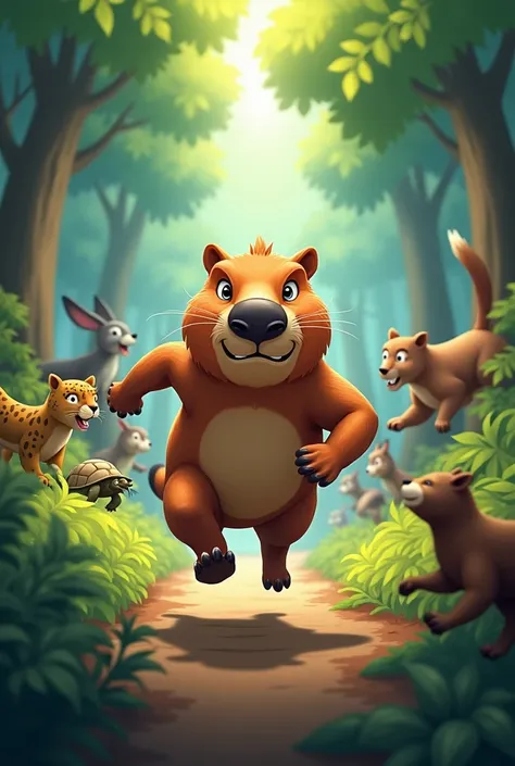 Create a vibrant and inspiring image that shows a brave and determined capybara running a race through a magical forest. The scene is supposed to depict the Great Forest Race, with various forest animals, like leopard, deerstalker, hare and hawk, running i...