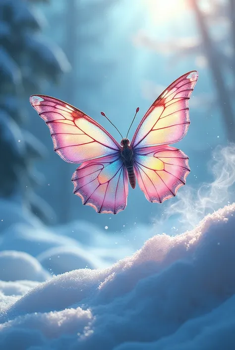 Big Transpatent butterfly with colourfull large wings, icy area, snowflakes , fogg, and, smoke