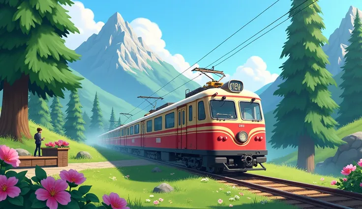 The image is a digital illustration of a train on a railway track in a mountainous area. The train is red and beige in color and is moving towards the right side of the image. On the left side, there is a small wooden platform with a person standing on it....