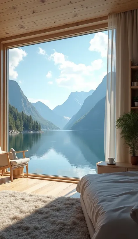 A tranquil bedroom with an expansive window view of a calm lake surrounded by towering mountains. The water is still, perfectly reflecting the mountain peaks and a clear blue sky. The room has a Scandinavian design with light wood furnishings, a small book...