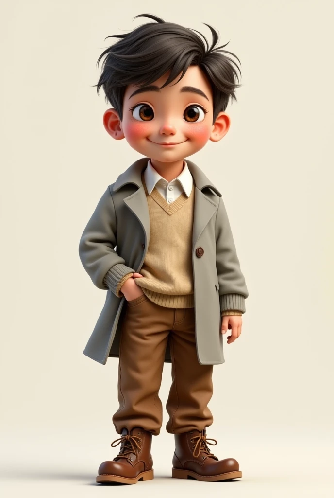 Real  boy in brown drill pants, con polluver beige, White shirt, light grey coat and brown shoes