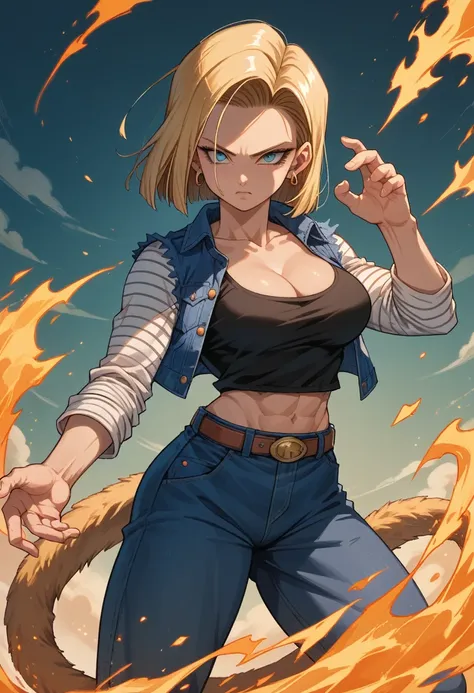 female, saiyan, tail, orange gi, large breasts, cleavage, baggy clothes, muscular, powering up, aura, android 18