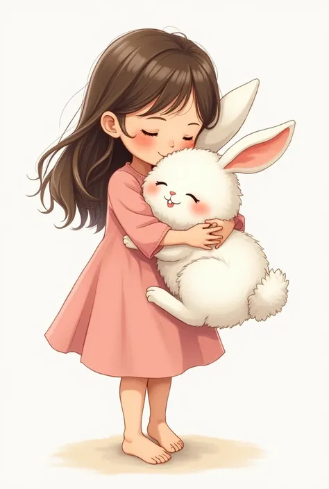 A 2D drawing of a brunette girl wearing a pink dress and short, loose hair hugging a white rabbit on a transparent background 