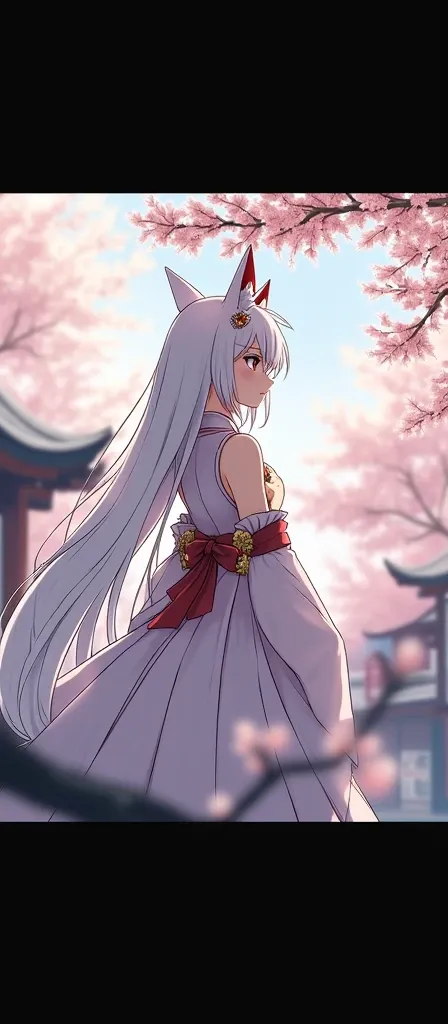 ((yaemicodef)), close-up of a sexy, beautiful, sagacious, cunning fox lady with ((side )) in an exquisite, elegant, and fashionable sleeveless shrine maiden dress, near a picturesque and serene shrine surrounded by blooming sakura trees.