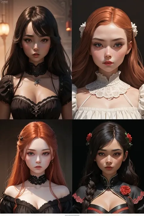 You can create an image of four porcelain dolls, a dark-skinned one, another redhead, another asian and another black-haired, dark fantasy