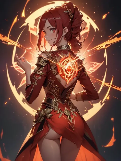 (((best quality, sharp image, clear image, cinematic lighting, 8k resolution, masterpiece, ultra detailed, intricate))) Girl, sorcerer, cute, intricate dress, smiling, fiery red, ((intricate background)), (rune frame), dimension, ((shot from behind)), fire...